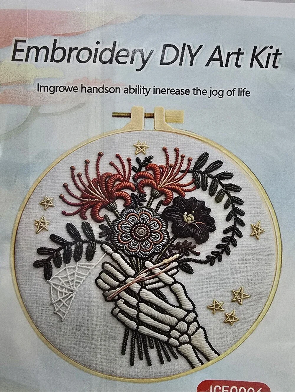 DIY Embroidery for Beginners Craft Kit Skeleton Hands Holding Flowers NWT
